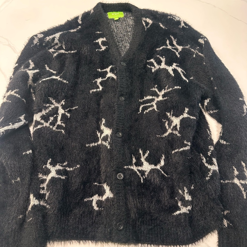 HUF Black and White Fuzzy Graphic Cardigan